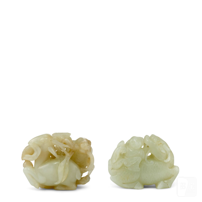 清早期 白玉雕麒麟送子把件 及 白玉雕雙羊銜菊把件 | TWO WHITE JADE CARVINGS